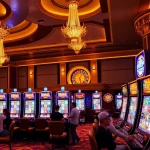 Excited gamblers playing vibrant slot machines in a luxurious casino setting.