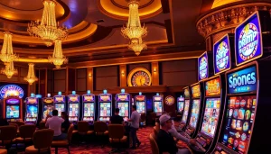 Excited gamblers playing vibrant slot machines in a luxurious casino setting.