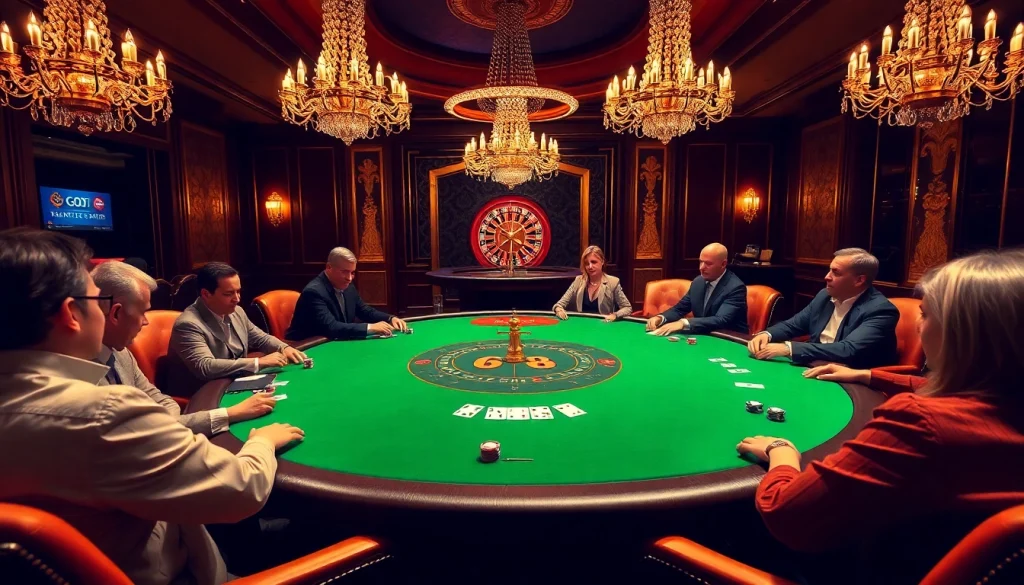 Players at a GO8-themed poker table in a luxurious casino atmosphere, engaging in a thrilling game.