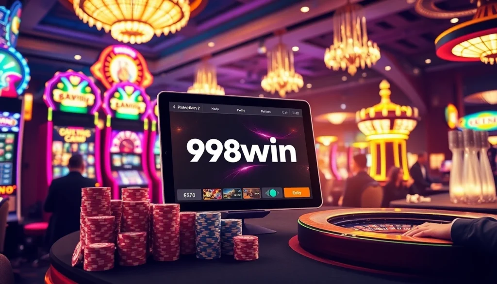 Experience gaming excitement with app 98win on a sleek tablet surrounded by vibrant casino elements.