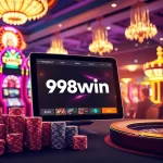 Experience gaming excitement with app 98win on a sleek tablet surrounded by vibrant casino elements.