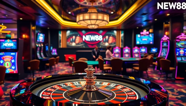 Exciting casino scene showcasing NEW88 đăng nhập with roulette and slot machines.