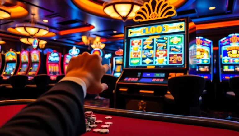 Experience doaslot login at a vibrant casino with colorful slot machines and poker tables.