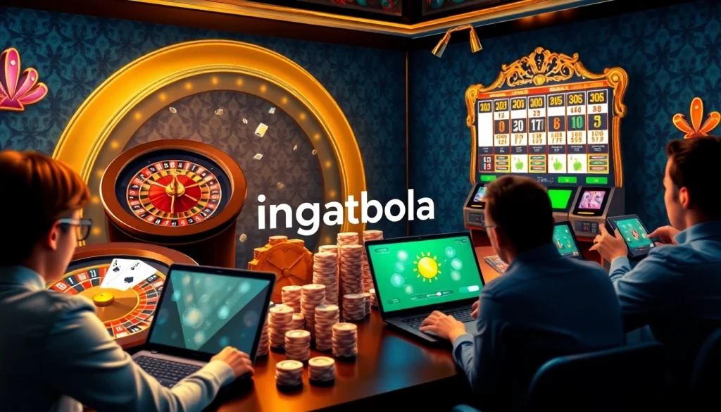 Play exciting casino games at ingatbola with vibrant slots and roulette wheels.