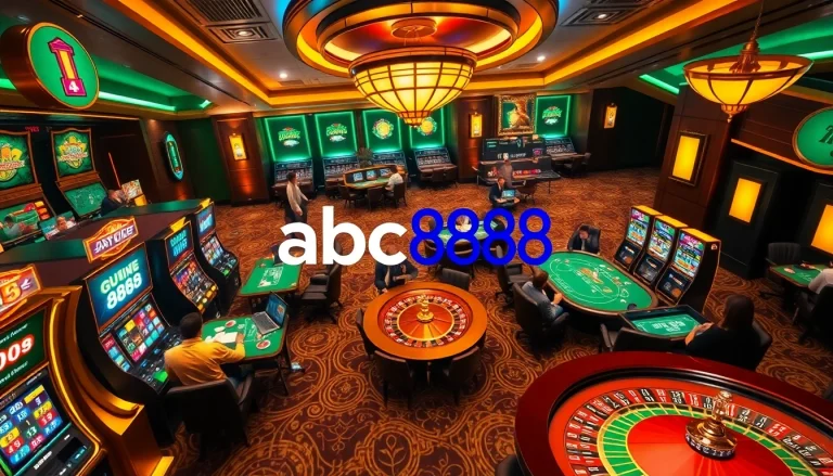 Players winning big at abc888 casino with vibrant slot machines and snazzy poker tables.