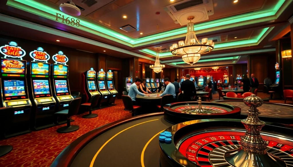 F168 casino scene showing players at a poker table and vibrant slot machines and roulette wheel.