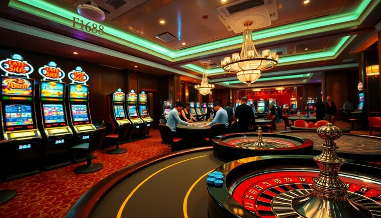 F168 casino scene showing players at a poker table and vibrant slot machines and roulette wheel.