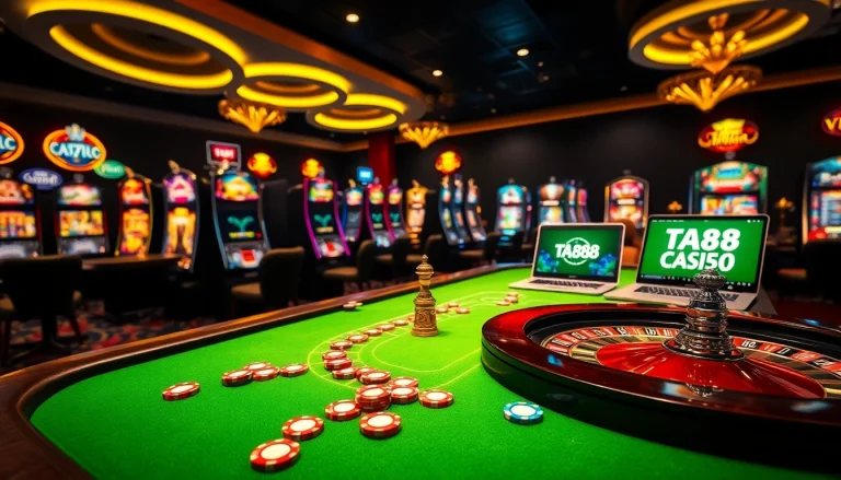 Experience exciting gaming at TA88 with a colorful casino table and vibrant slot machines.