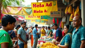 Engaging marketplace scene promoting Hela Ad services in Sri Lanka, showcasing vibrant interactions.