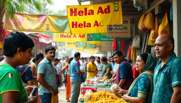 Engaging marketplace scene promoting Hela Ad services in Sri Lanka, showcasing vibrant interactions.