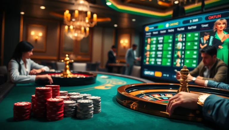 Engage in thrilling gaming action at OKFUN COM, highlighting poker chips and roulette excitement.