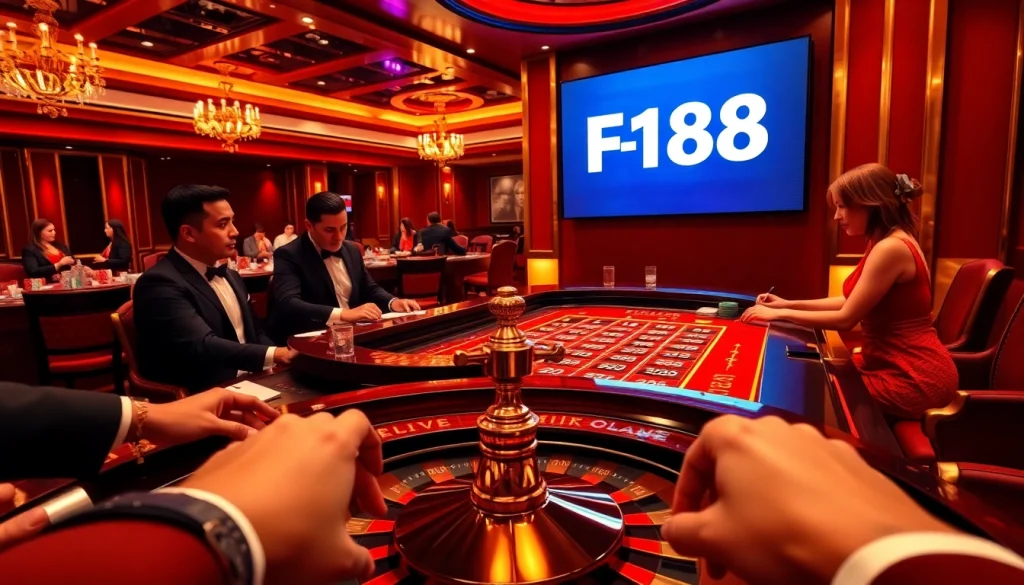 Engaging casino scene highlighting the link F168 with poker chips and roulette for an immersive gambling experience.