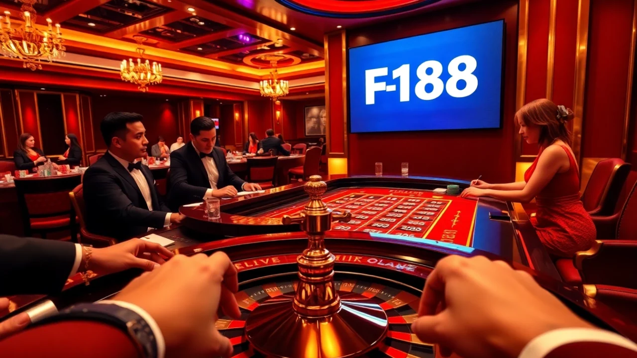 Engaging casino scene highlighting the link F168 with poker chips and roulette for an immersive gambling experience.