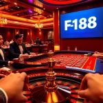 Engaging casino scene highlighting the link F168 with poker chips and roulette for an immersive gambling experience.