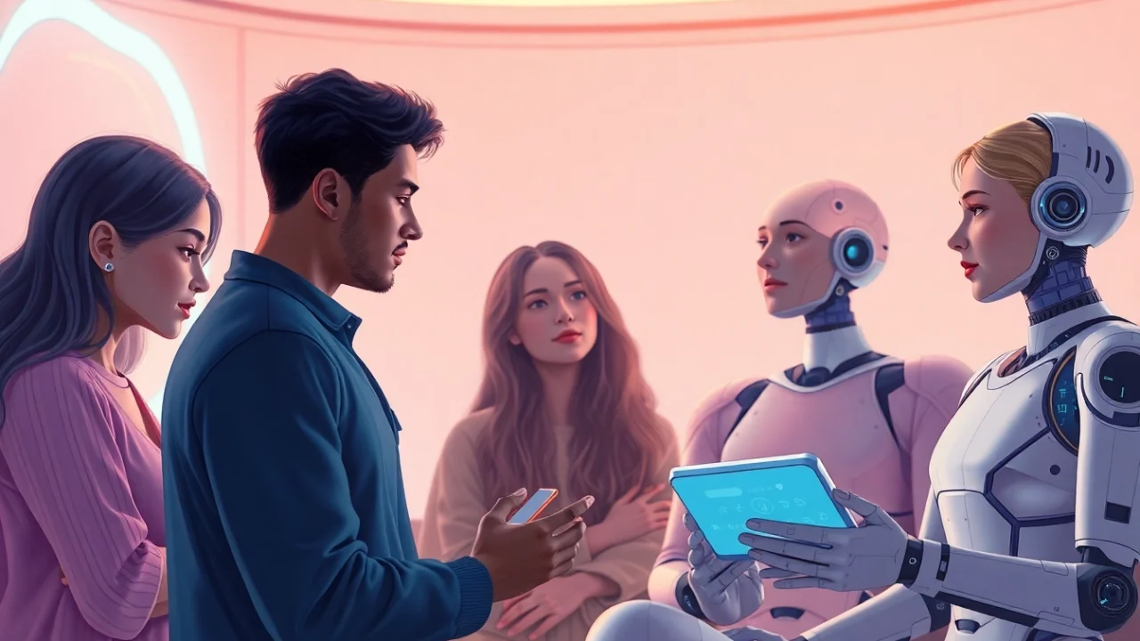 Engaging scene of diverse individuals interacting with AI chatbots about sex AI in a futuristic setting.