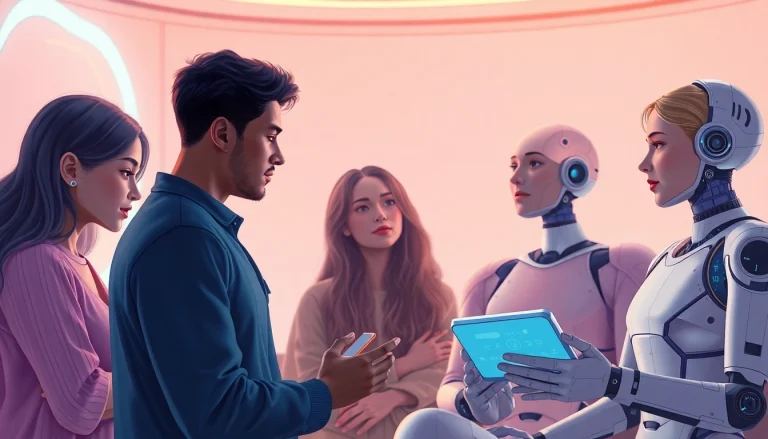 Engaging scene of diverse individuals interacting with AI chatbots about sex AI in a futuristic setting.