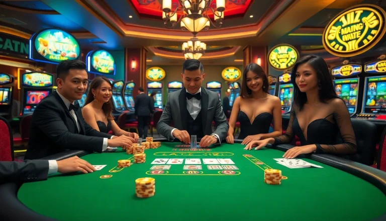 Experience the thrill at a blackjack table highlighting zbet có uy tín không, featuring players and dealer in a vibrant casino.