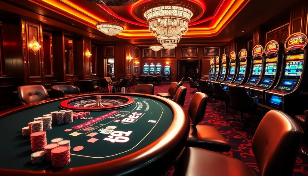 Experience the thrill of winning at USBET with a vibrant casino scene featuring poker, roulette, and colorful slot machines.