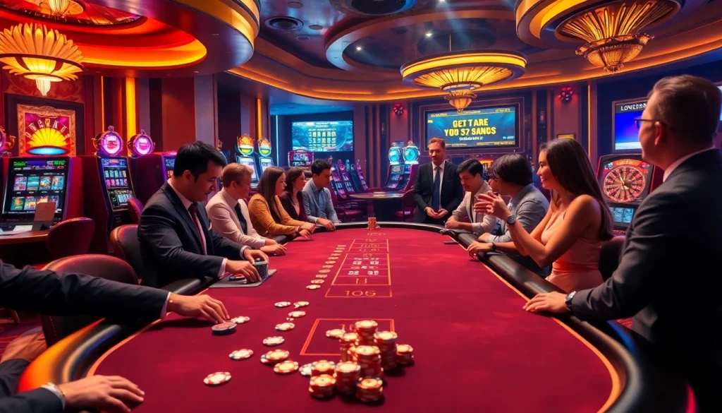 Engaging casino scene at https://thabet77.sa.com/ showcasing a thrilling blackjack table and vibrant slot machines.