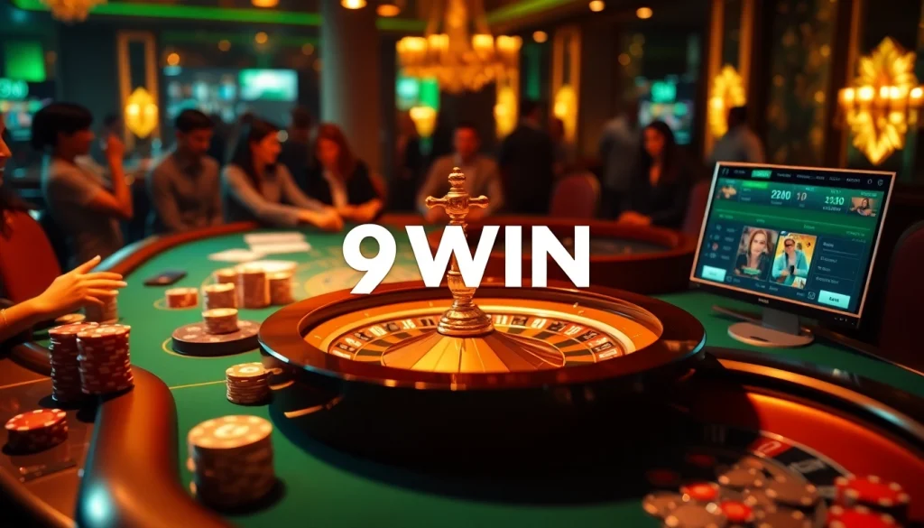 Experience the thrill of 9WIN with vibrant casino games and poker tables in action.