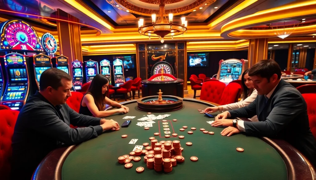 Players enjoying poker at https://topxx88.com/ with vibrant casino decor and colorful lights.