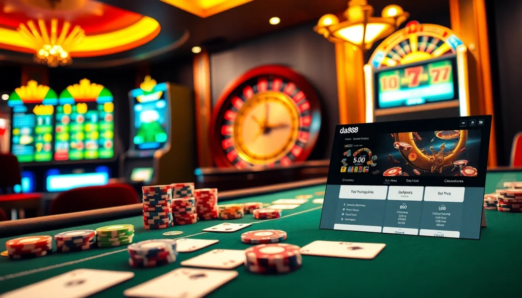 Experience high-stakes gaming at https://da88.co.im/ with vibrant casino tables, poker chips, and a spinning roulette wheel.