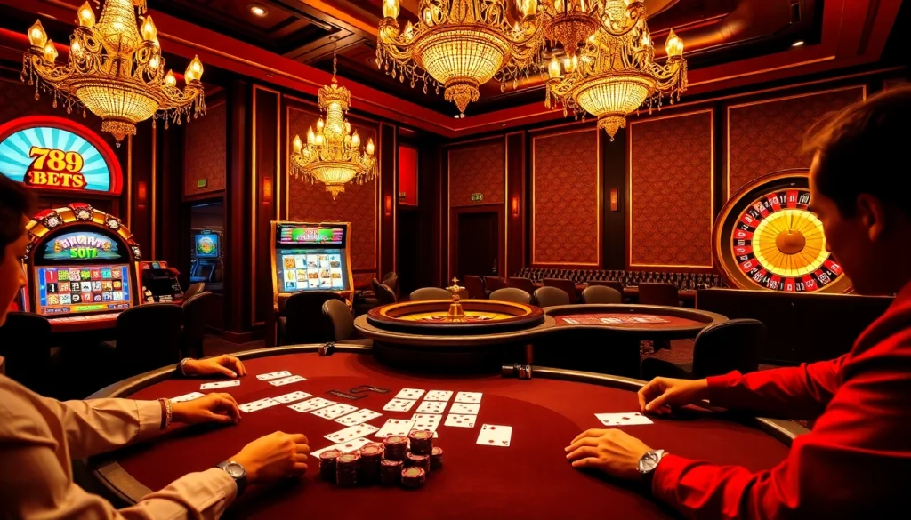 Engaging scene of players at a poker table enjoying high-stakes betting at 789bets casino.