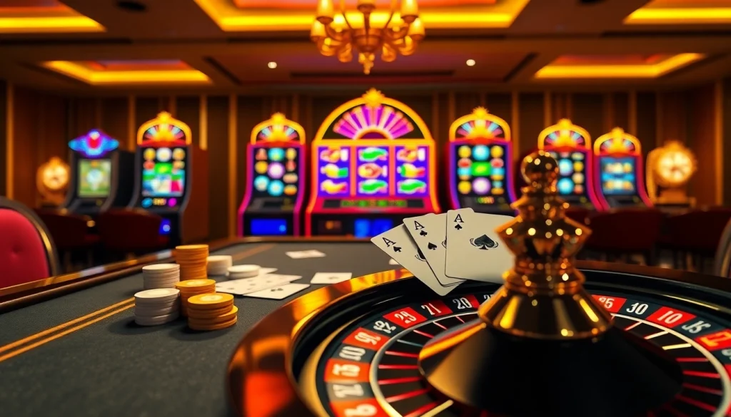 Experience high-stakes action at fb88 with vibrant casino visuals featuring dice, cards, and slot machines.