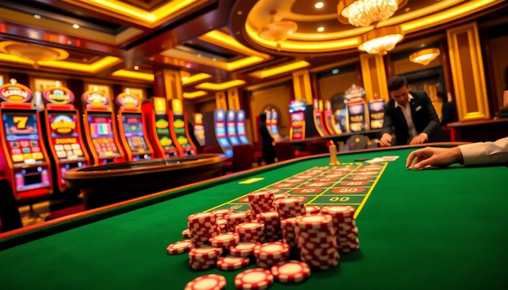 Experience the thrill of gaming at 777VIP with exquisite casino tables and colorful slot machines.