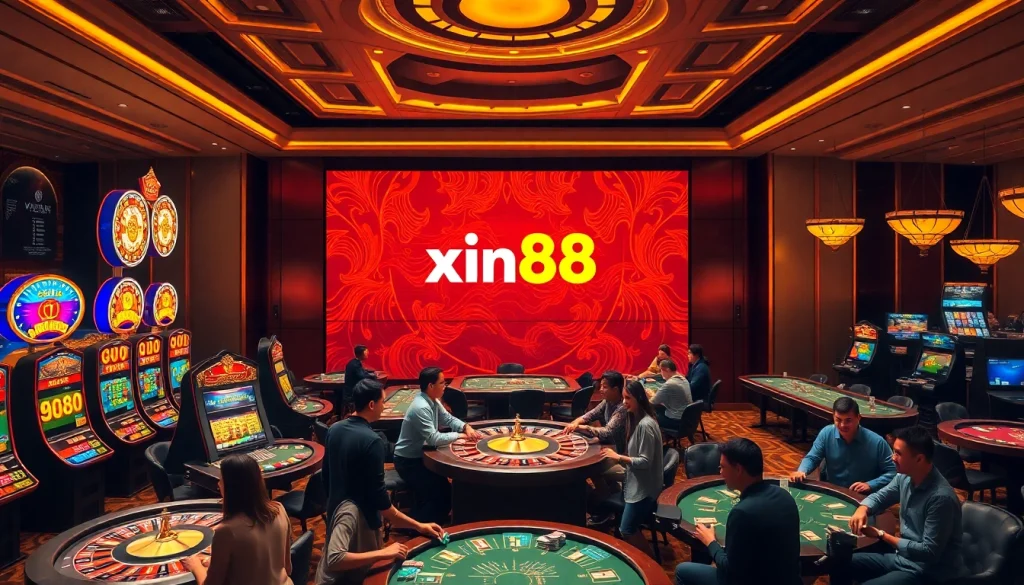 Exciting gaming atmosphere at xin88 trang chủ with vibrant slot machines and poker tables.