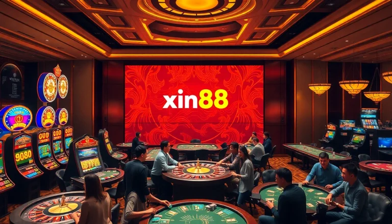 Exciting gaming atmosphere at xin88 trang chủ with vibrant slot machines and poker tables.