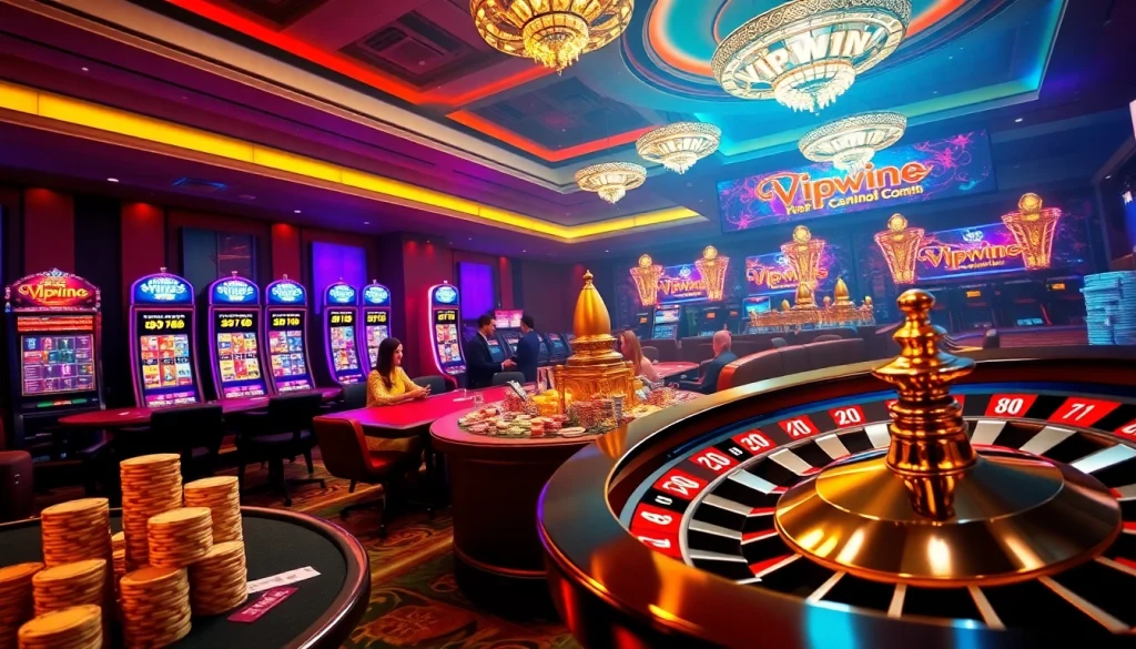 Engage with the excitement of vipwin com as players enjoy a vibrant casino scene filled with poker tables and slot machines.