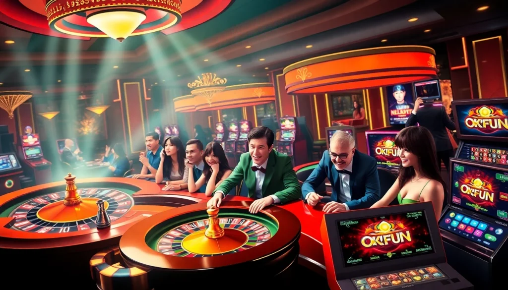Players enjoying the OKFUN game experience at a luxurious casino, featuring vibrant tables and slot machines.