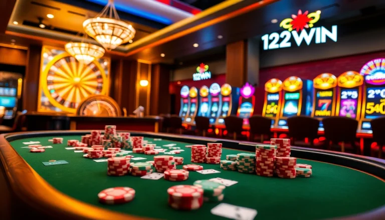 Exciting gambling action at 123WIN casino with vibrant poker chips and live roulette.