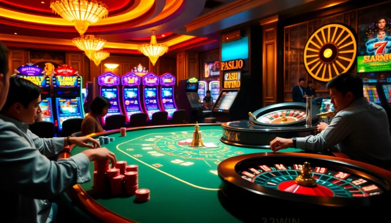 Exciting gambling scene at https://32win2025.online/ showcasing vibrant poker chips and roulette wheel.