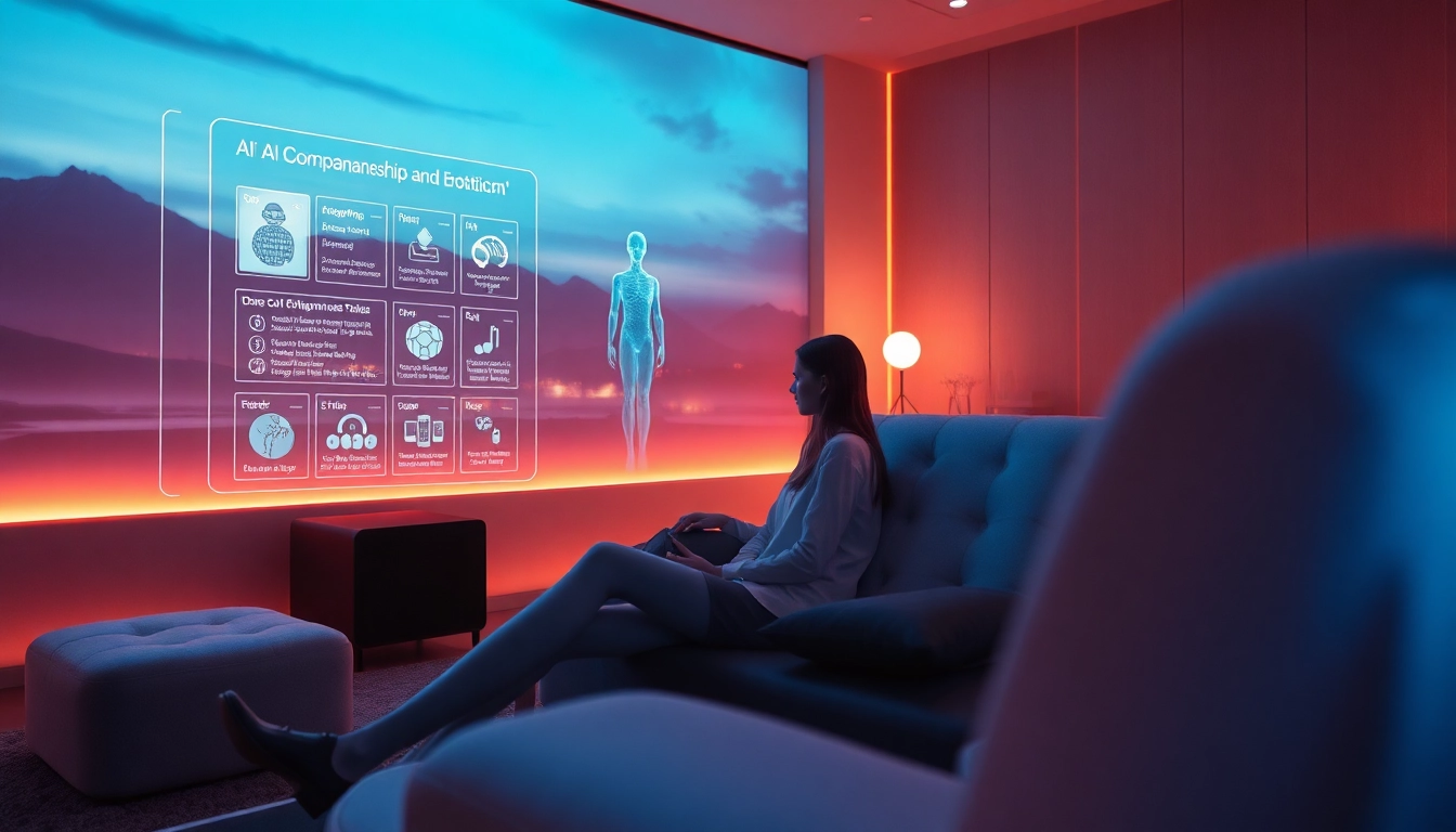 AI sex interaction showcasing futuristic AI interface in a warm, intimate setting.