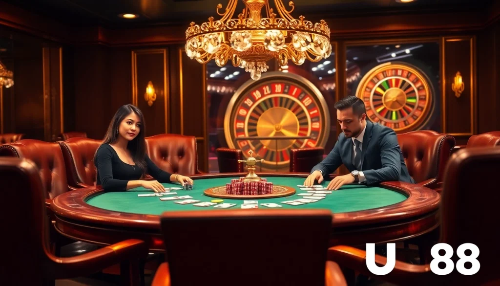 Professional poker players at a UU88 casino table, showcasing exciting gameplay and rich casino decor.
