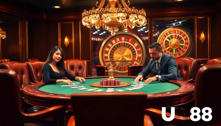 Professional poker players at a UU88 casino table, showcasing exciting gameplay and rich casino decor.