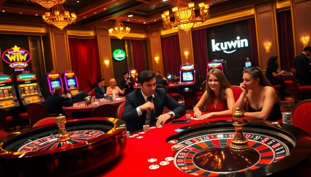 Kuwin players enjoying a thrilling casino table game with vibrant poker chips and a spinning roulette wheel.