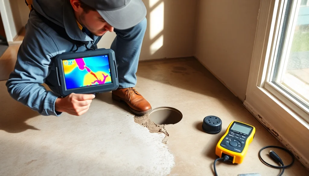 Leak in concrete floor being assessed by a professional technician using thermal imaging to detect moisture.