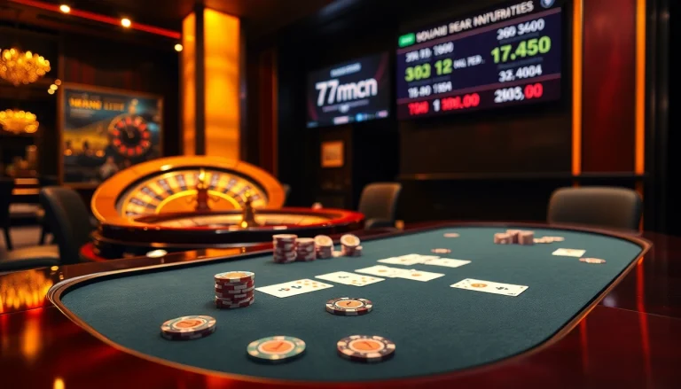 Betting action with '7mcn' statistics on a casino poker table surrounded by chips and cards.