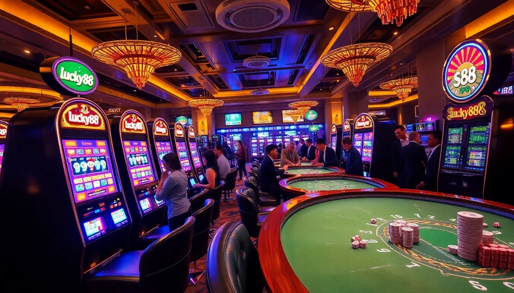 Players enjoying vibrant slot machines at lucky88 casino, capturing the excitement of gaming.
