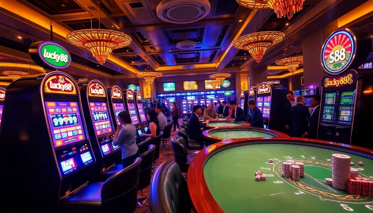 Players enjoying vibrant slot machines at lucky88 casino, capturing the excitement of gaming.