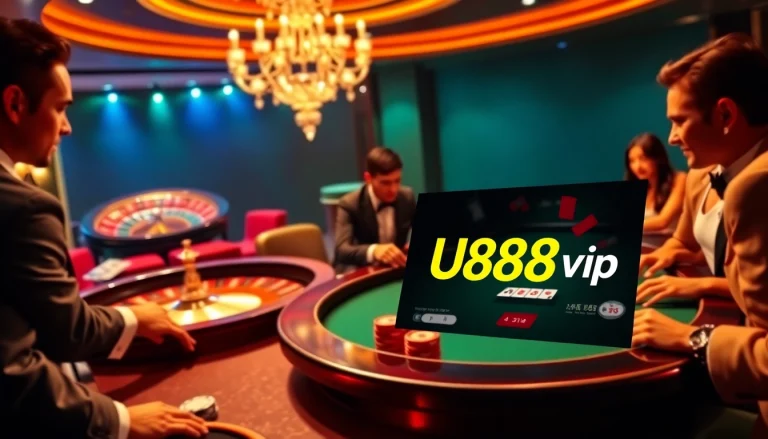 Players strategizing at a U888vip poker table in an upscale casino environment.