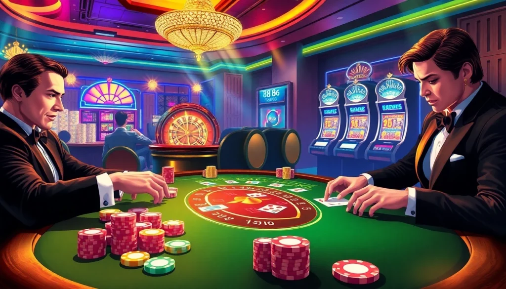 An engaging blackjack scene at 888new highlights excitement and professionalism amidst vibrant casino decor.