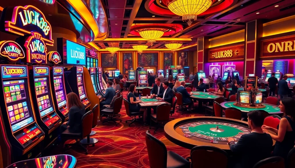 Experience excitement at LUCK888 casino with lively games, vibrant lights, and luxurious decor.