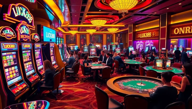 Experience excitement at LUCK888 casino with lively games, vibrant lights, and luxurious decor.