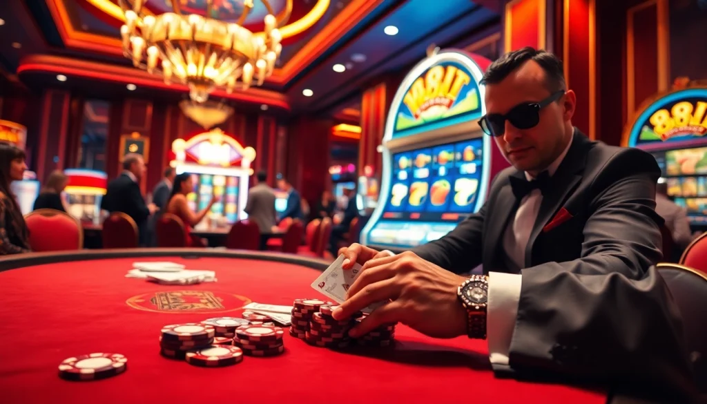 88i-themed vibrant casino scene with a dealer at a poker table, embodying excitement and elegance.