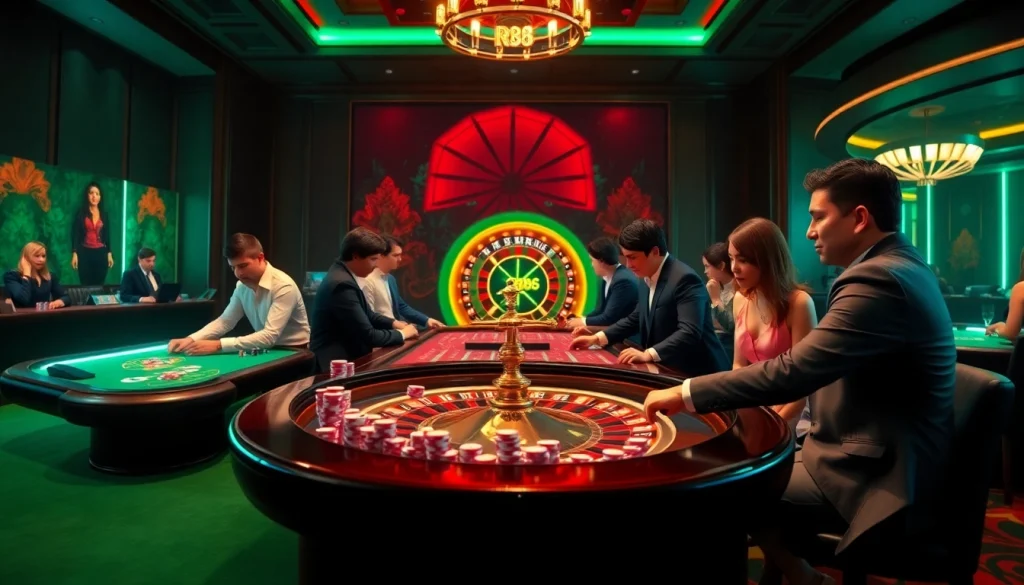 RR88 casino scene showcasing vibrant gaming action with high-stakes tables and excited players.