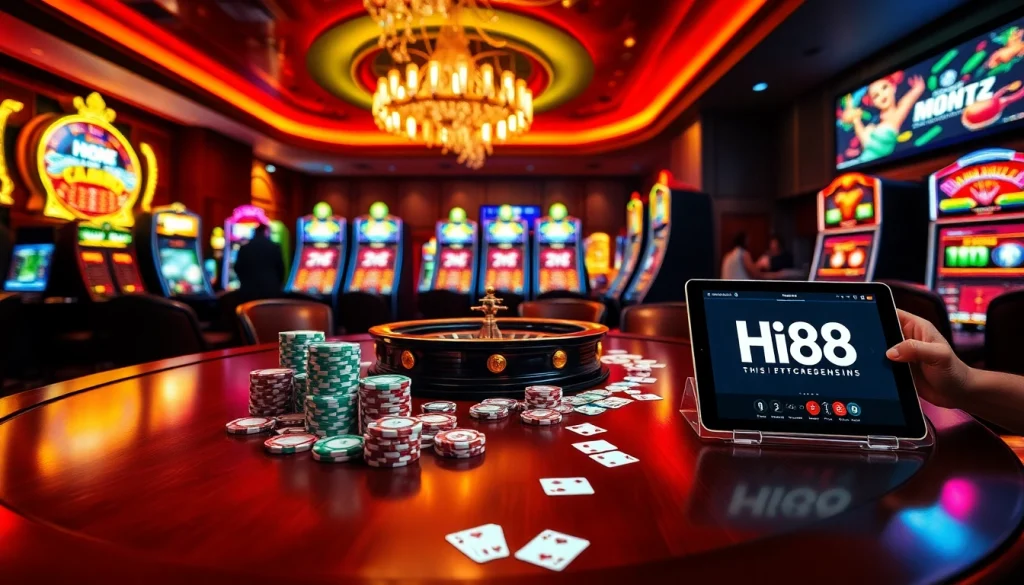 Engaging players at Hi88 casino table with vibrant poker chips and illuminated roulette wheel.